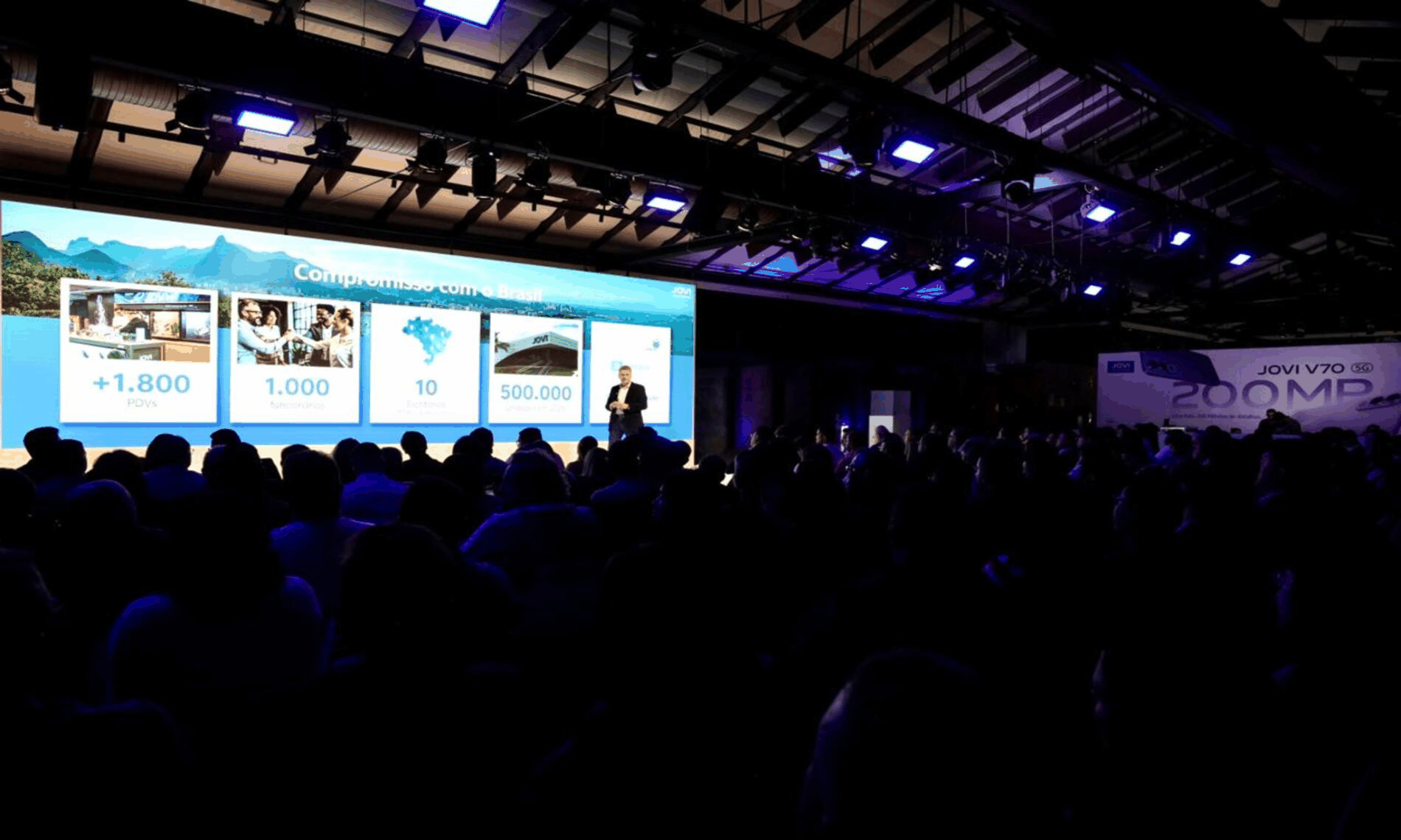 Evento corporativo da JOVI no Brasil apresentando crescimento da marca, expansão da operação local e lançamento de smartphones da série V para parceiros e imprensa.