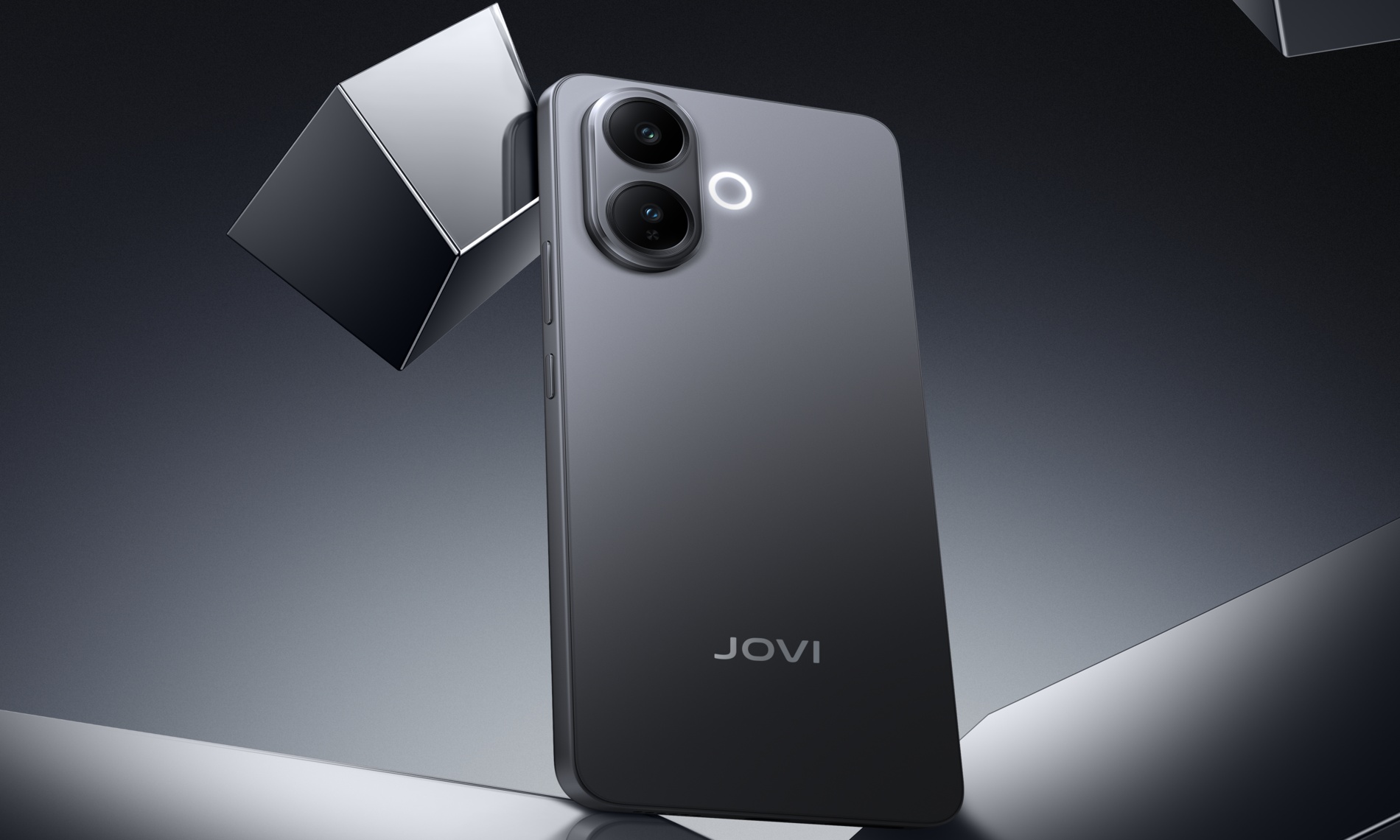 Smartphone JOVI T1 5G na cor preta com câmera dupla traseira e design moderno, em destaque sobre fundo tecnológico escuro.