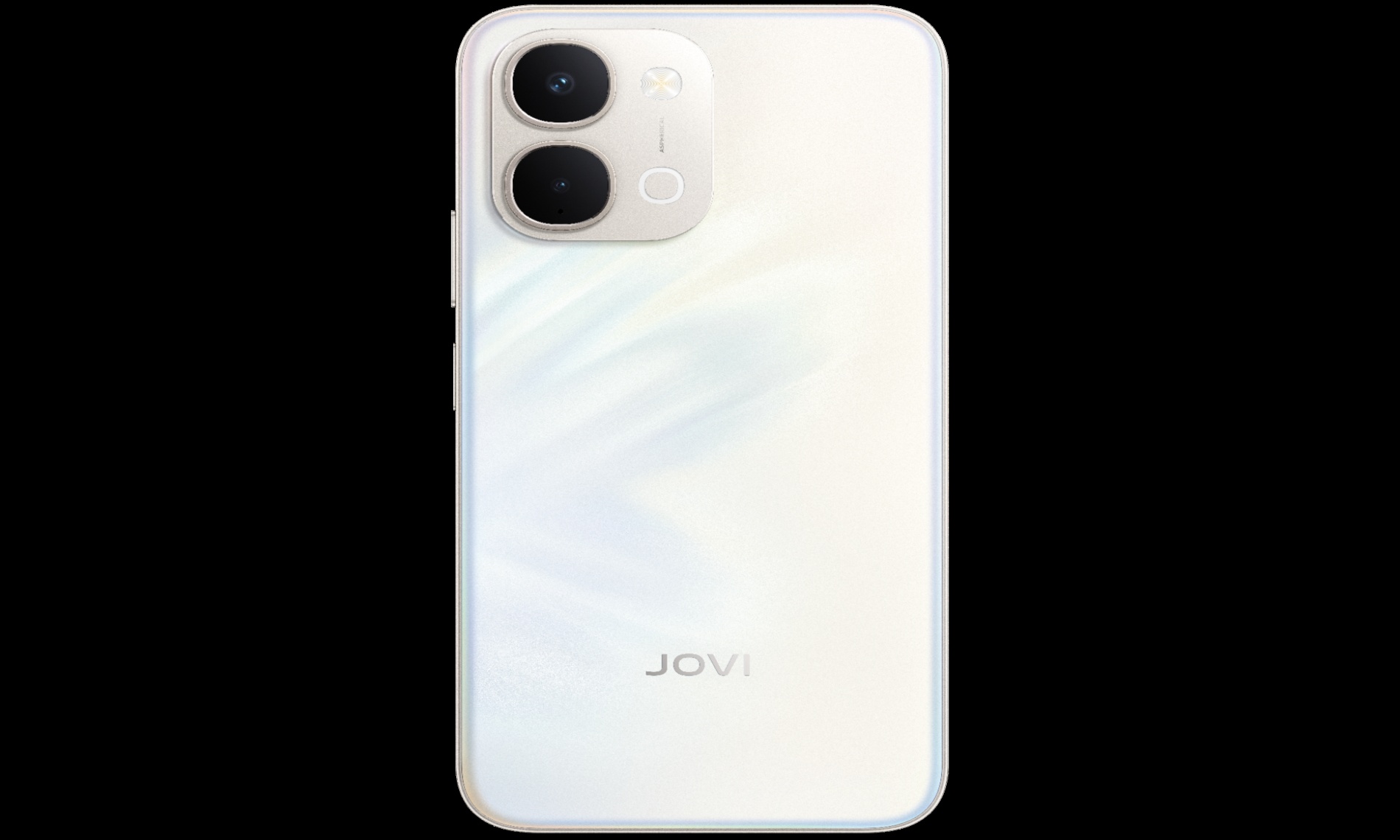 alt="Smartphone JOVI branco com câmera dupla traseira e acabamento perolado, visto pela parte traseira em fundo neutro"