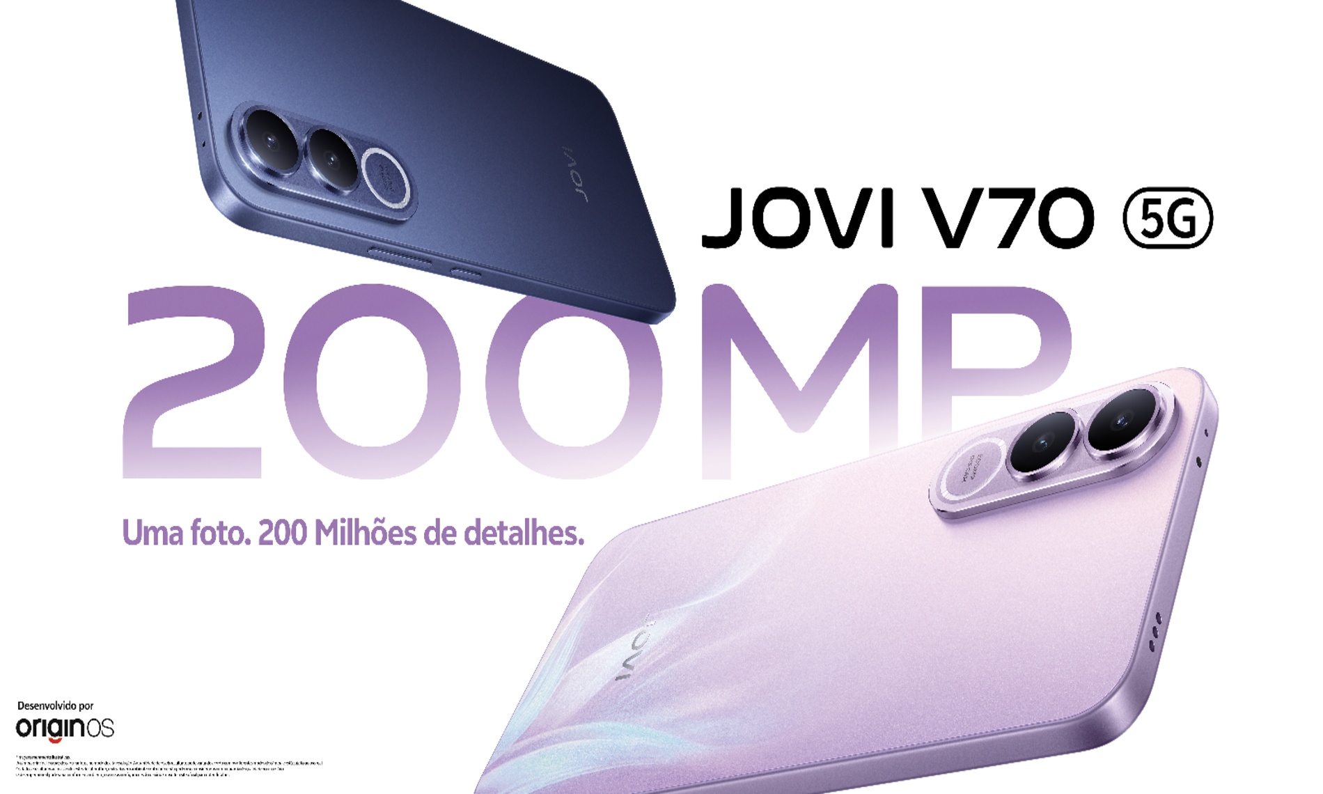 JOVI V70 5G nas cores azul e rosa, destacando a câmera principal de 200 MP e o design traseiro premium do smartphone.
