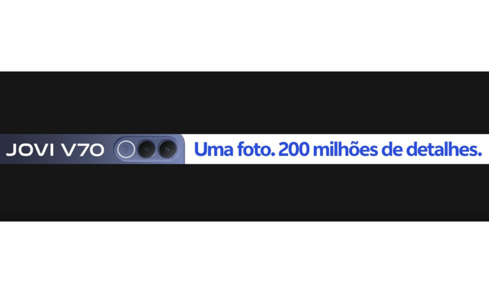 Banner promocional do JOVI V70 com câmera de 200 MP e o slogan "Uma foto. 200 milhões de detalhes.", destacando a alta resolução da câmera do smartphone.