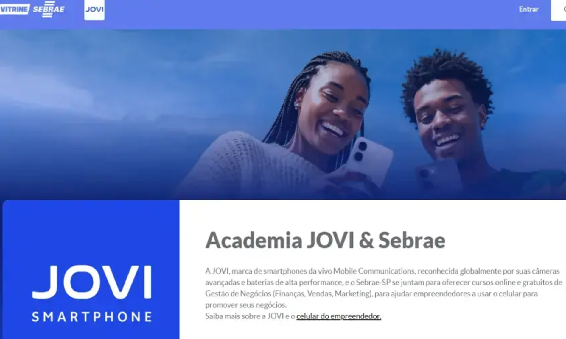 Banner da parceria entre JOVI e Sebrae apresentando a Academia JOVI & Sebrae, plataforma de cursos online gratuitos para empreendedores sobre gestão de negócios, vendas, marketing e uso de smartphones