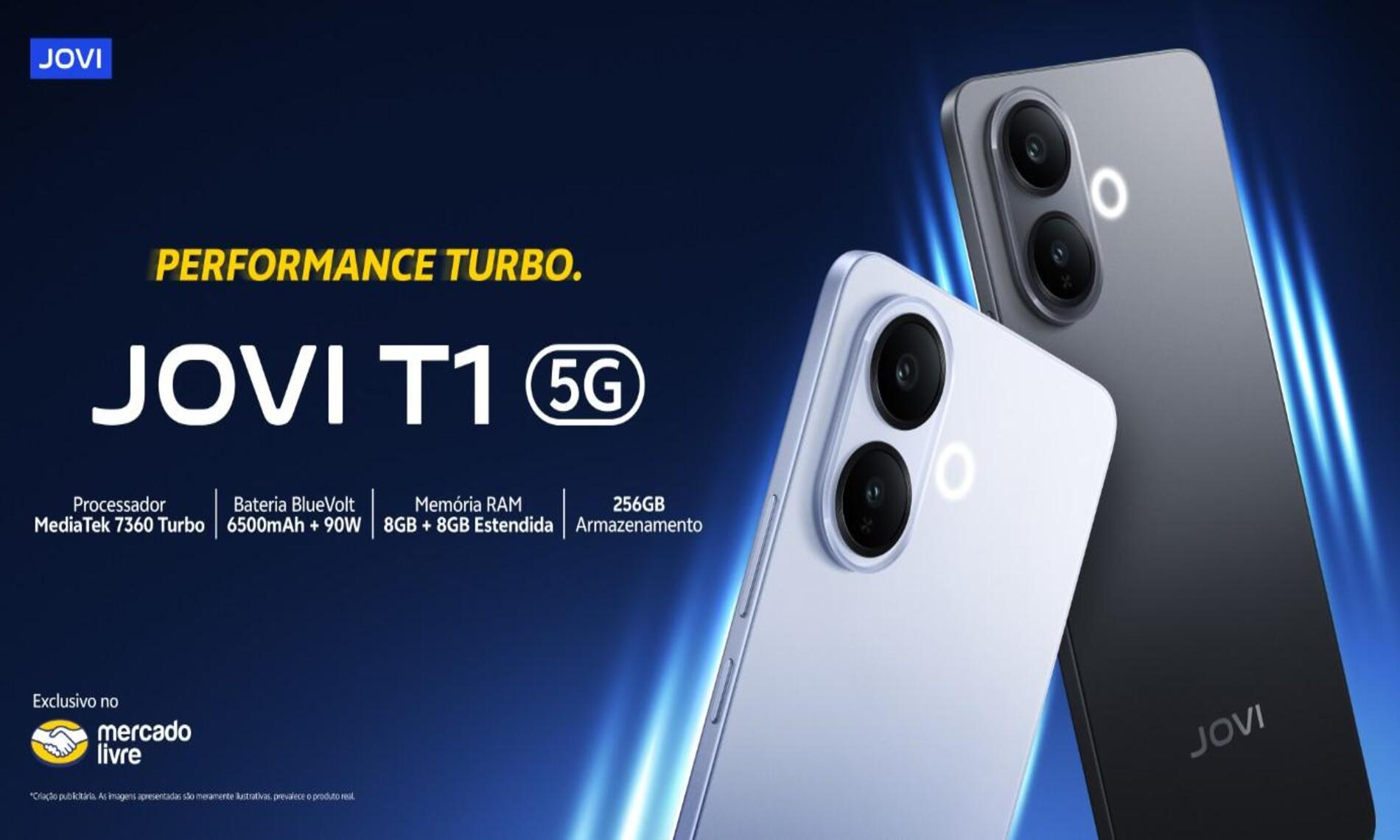 Banner promocional do JOVI T1 5G destacando desempenho turbo, processador MediaTek 7360 Turbo, bateria BlueVolt de 6500 mAh com carregamento rápido de 90 W, 8 GB de RAM + 8 GB de RAM estendida, 256 GB