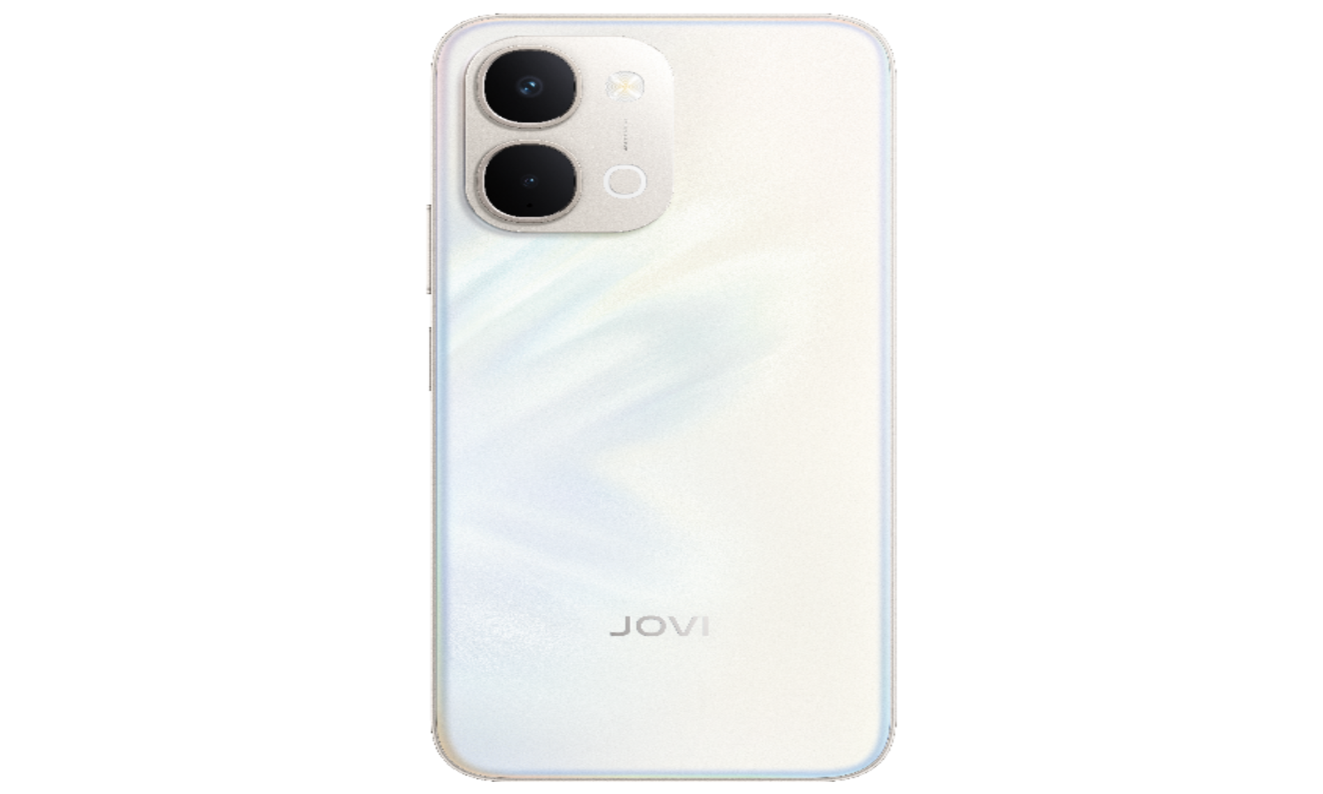Smartphone JOVI na cor branca perolada, com acabamento brilhante e módulo de câmera dupla traseira, ideal para estudar, trabalhar e se divertir.