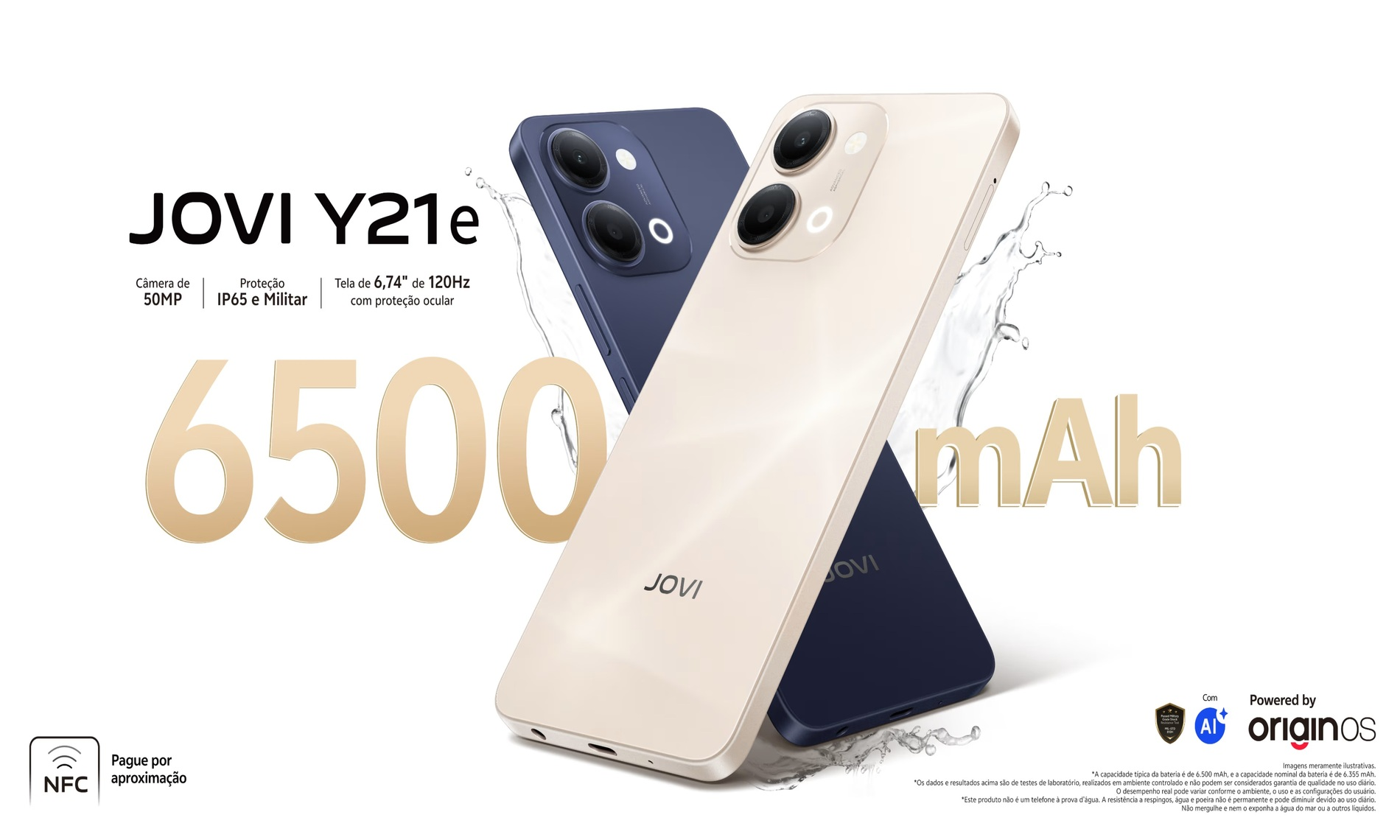 Smartphone JOVI Y21e nas cores dourado e azul, com bateria de 6500 mAh, câmera de 50 MP, tela de 6,74 polegadas com taxa de atualização de 120 Hz, proteção IP65 e OriginOS com recursos de IA.