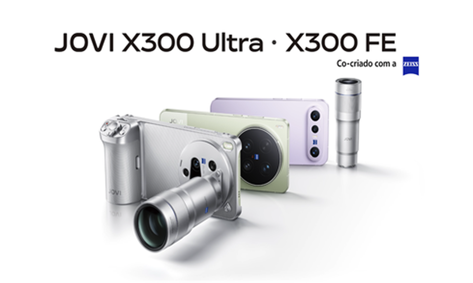 JOVI X300 Ultra e JOVI X300 FE com lentes e acessórios ZEISS, destacando o sistema avançado de câmeras e o design premium dos smartphones.