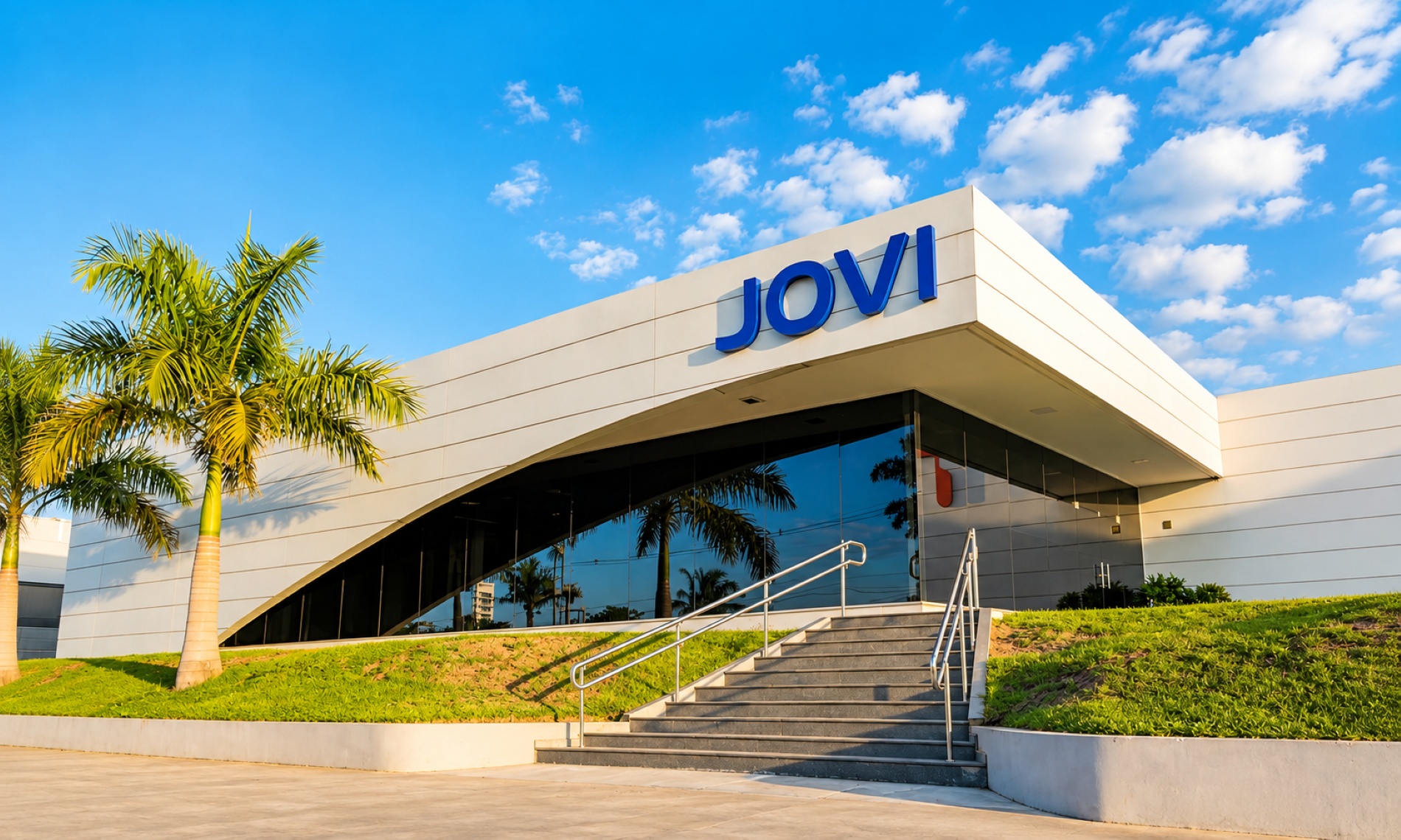 Fábrica da JOVI no Brasil, com fachada moderna e logotipo da marca de smartphones JOVI.