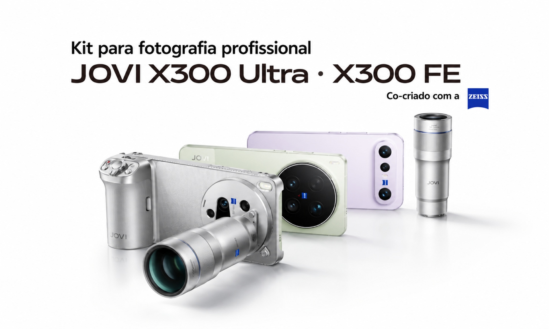 Kit para fotografia profissional JOVI X300 Ultra e JOVI X300 FE, co-criado com ZEISS, com lentes e acessórios para fotografia mobile.
