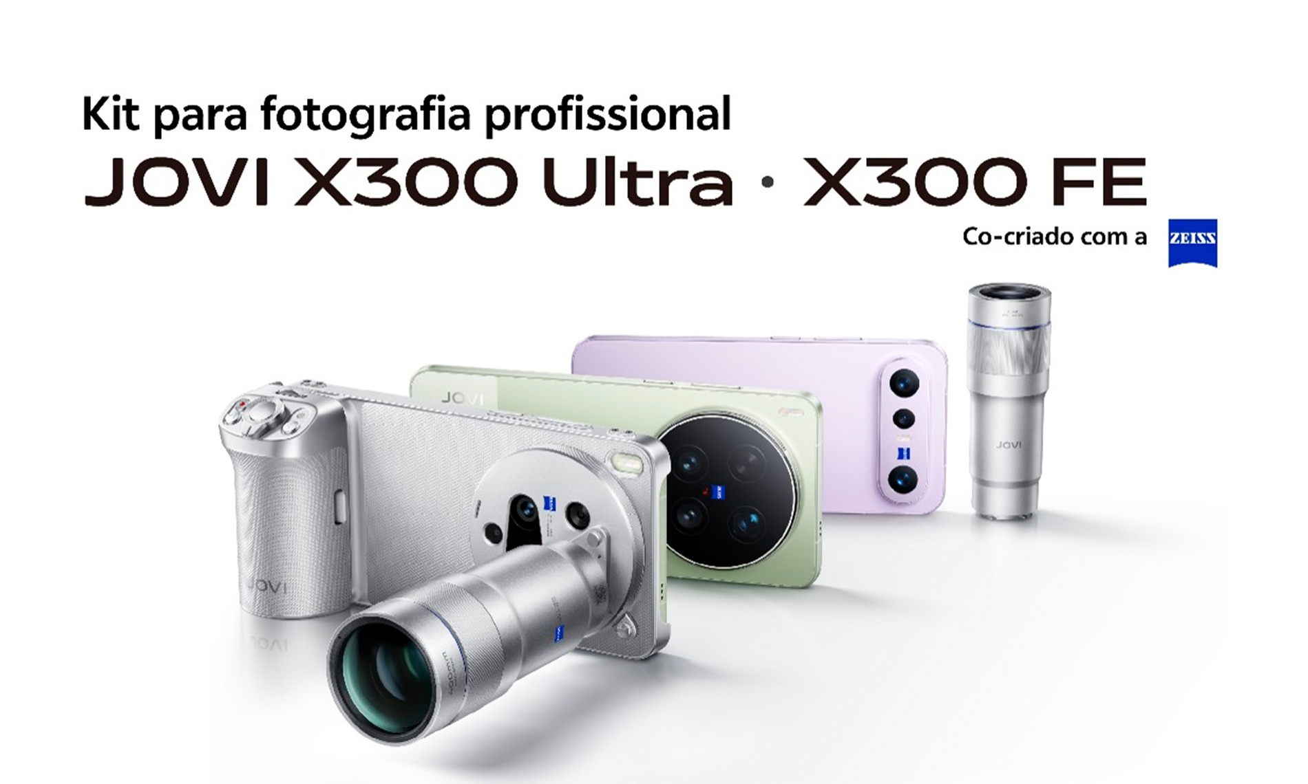 Kit para fotografia profissional JOVI X300 Ultra e JOVI X300 FE, co-criado com ZEISS, com lente teleobjetiva e acessórios para fotografia mobile.